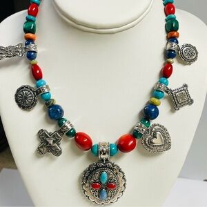 Carolyn Pollack Sterling Silver Charms Turquoise Red Coral Lapis Necklace
